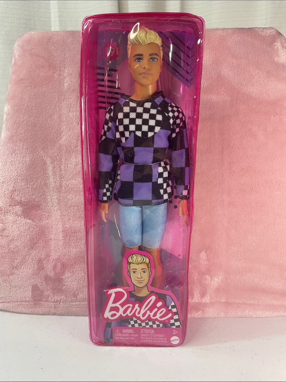 Barbie Ken Doll in Purple & Black Checkered Sweater with Light Blue Shorts